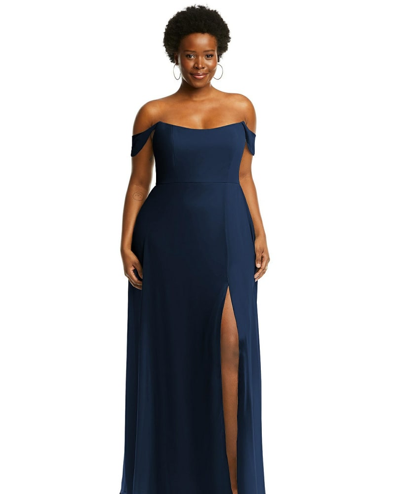 Front of a model wearing a size 20W Off-the-Shoulder Basque Neck Maxi Dress with Flounce Sleeves in Midnight Navy by After Six. | dia_product_style_image_id:267001